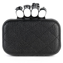 Factory wholesale long chain black pu leather elegant women purse skull ring clutch evening bag